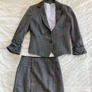 Gray Business Professional Express Skirt Suit Set with Leather Details